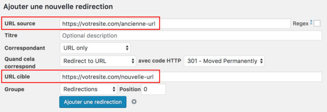 Capture d'écran du plugin de redirection Worpress