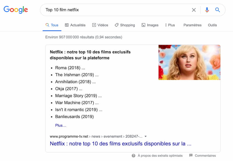 Exemple d'une position zéro Google sous forme de bullet point