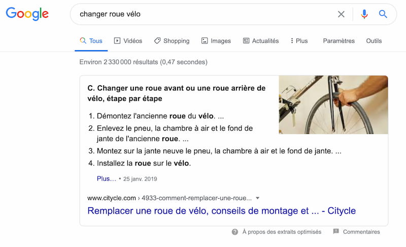 Exemple de position zéro Google sous forme de tutoriel