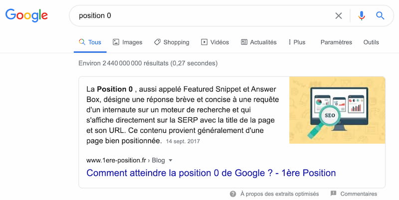 Exemple d'une position zéro sur Google 