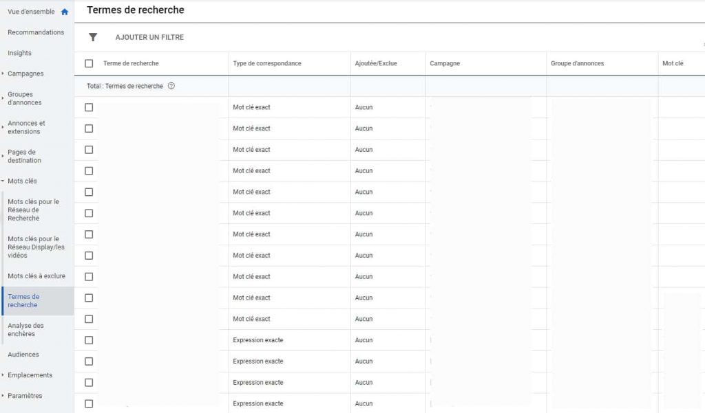 rapport termes de recherche