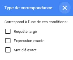 types de correspondance google ads