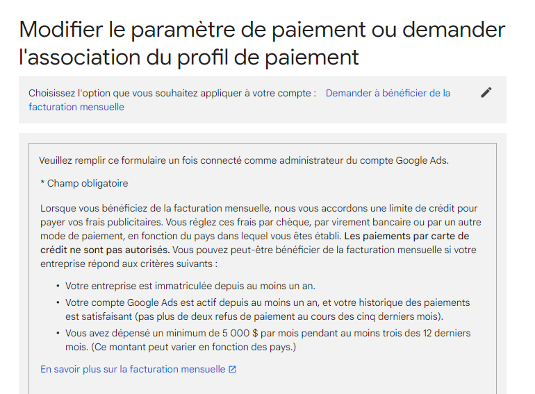 formulaire modification du parametre de paiement