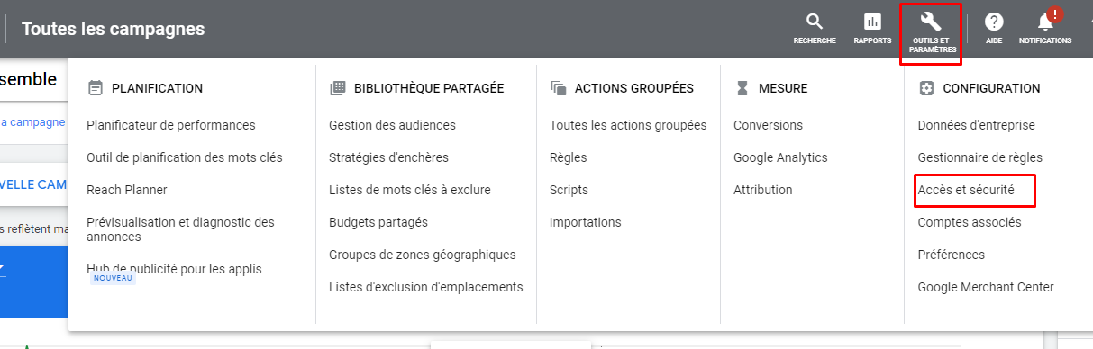 accès et sécurité google ads