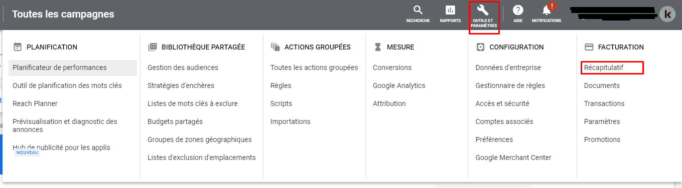 récapitulatif facturation google ads