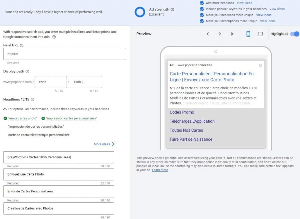 Exemple d'annonce responsive avec mot clé dynamique