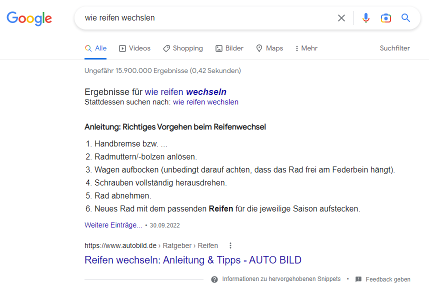 Beispiel einer Position Zero bei Google in Forme eines Tutorials