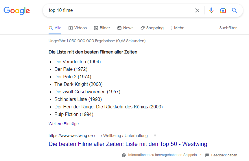 Beispiel einer Position Zero bei Google in Form einer Aufzählungsliste