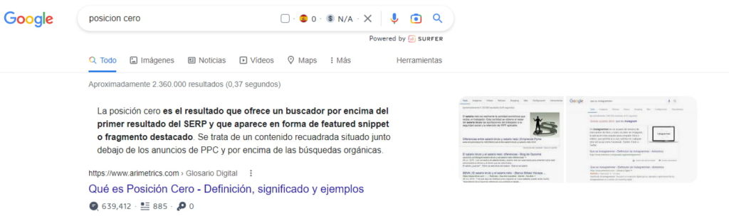 Ejemplo de posición 0 en Google