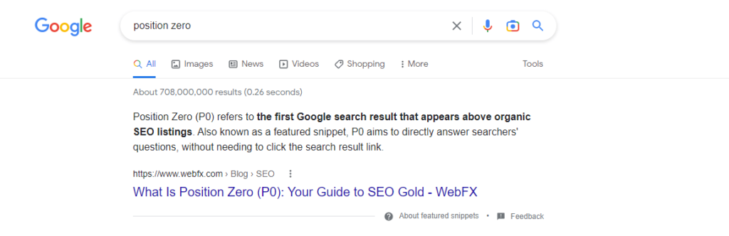 Example of position zero on Google 