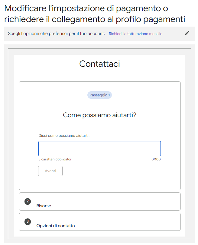 modulo di modifica del parametro di pagamento