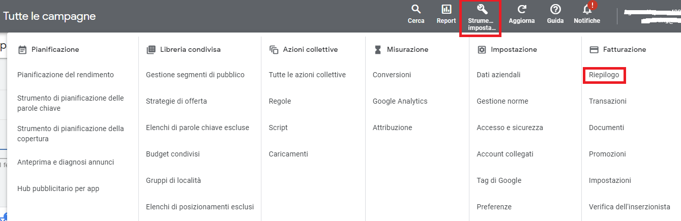 riepilogo della fatturazione di google ads