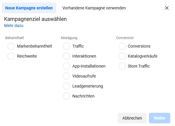 Fenster bei Facebook Ads zum Festlegen des Marketingziels