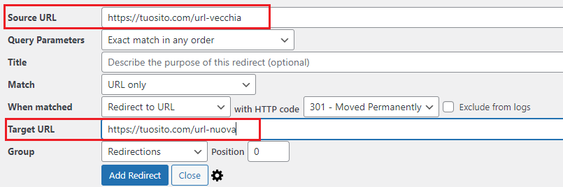 Schermata del plugin di reindirizzamento di Worpress