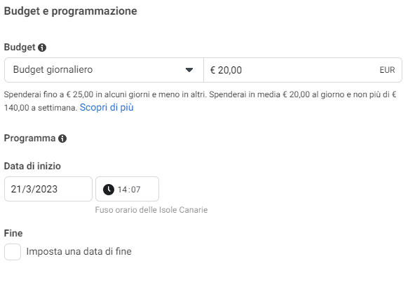 Pannello di budget e offerte di Facebook Ads