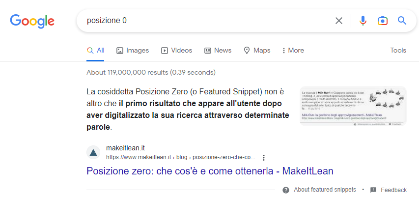 esempio di una posizione zero su Google