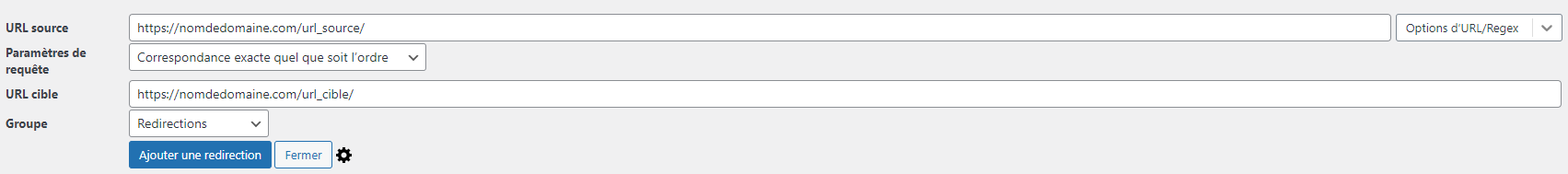 Capture d'écran WordPress ajouter redirection 301