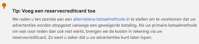 Reserve creditcard toevoegen in Google Ads