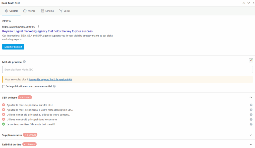 Bloc d'optimisations SEO Rank Math